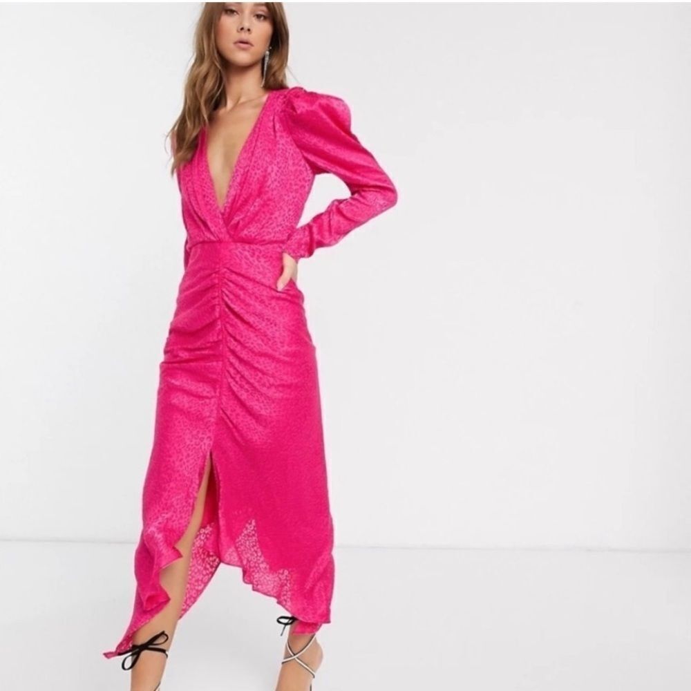 Ronny Kobo Astrid Dress in Pink Zebra Puff long sleeve, midi, slit, v-neck